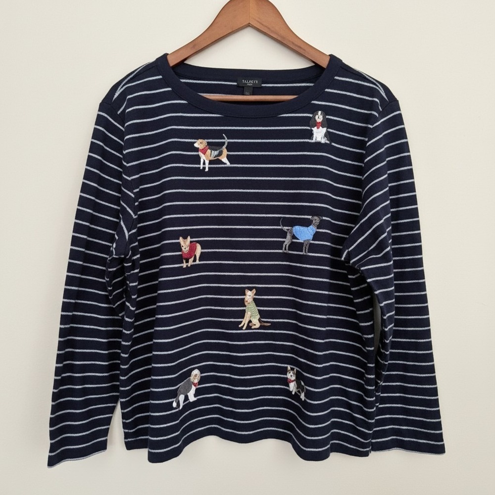 Talbots Womens Navy Striped Dog Motif Long Sleeve Tee Shirt Petite PXL NWT